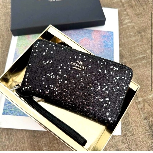 Coach Handbags - COACH $175 NWT STAR GLITTER BLACK PHONE WALLET WITH WRISTLET STRAP NEW IN BOX